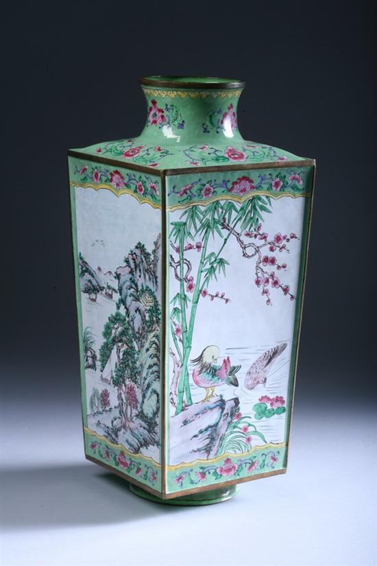 Appraisal: CHINESE PEKING ENAMEL SQUARE-SIDED VASE Multi-color landscape floral and bird