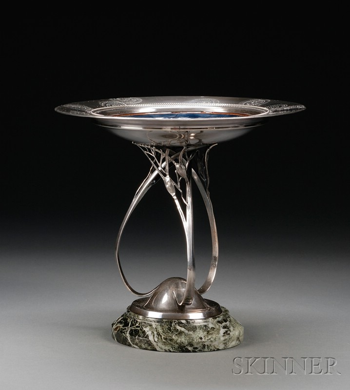 Appraisal: French Art Nouveau Silver Copper Enamel and Marble Tazza late