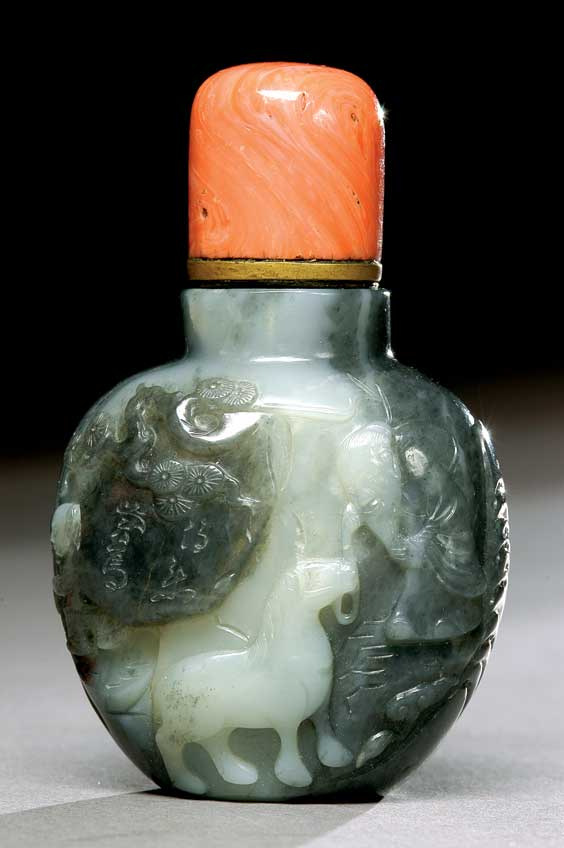 Appraisal: LARGE SUZHOU-TYPE SNUFF BOTTLE Large and well carved Suzhou School-type