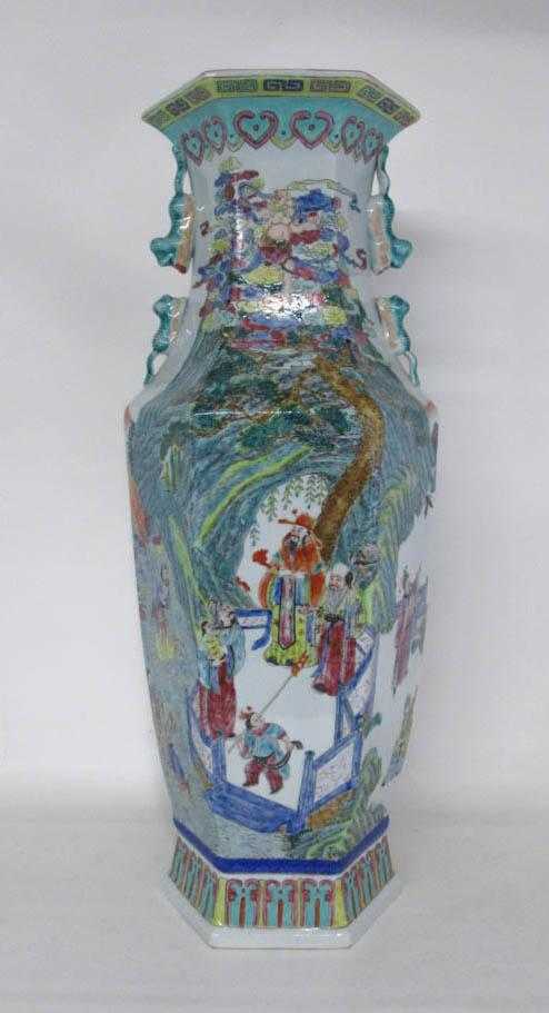 Appraisal: CHINESE POLYCHROME PORCELAIN HEXAGONAL VASE the vase decorated with men