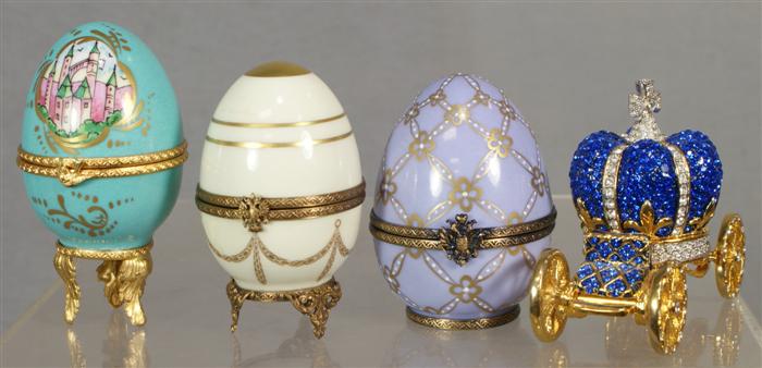 Appraisal: Limoges Faberge eggs gilt sterling silver one gilt brass tallest