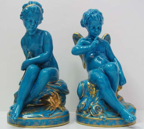 Appraisal: Two Turquoise Porcelain Figures with Sevres-style marks a young girl