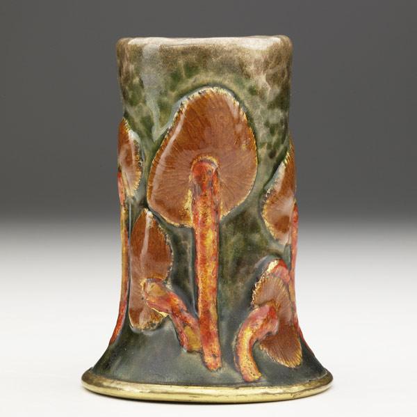 Appraisal: TIFFANY STUDIOSRare enameled copper bud vase with mushroomsSmall enamel flake