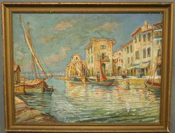 Appraisal: Large oil on canvas painting of a Mediterranean port canal