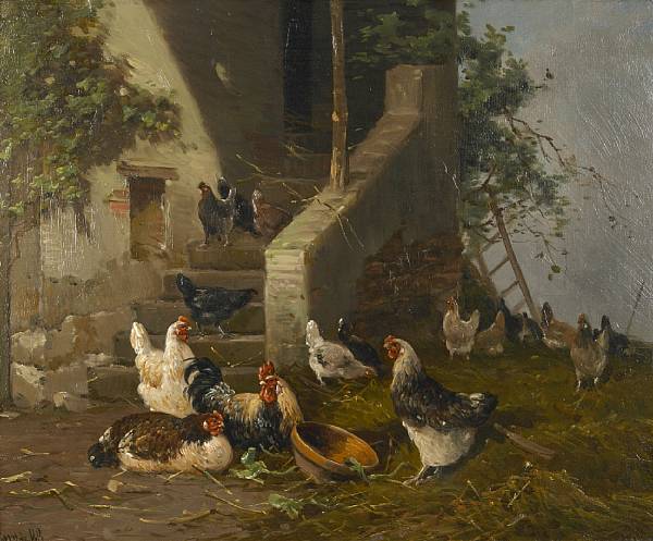 Appraisal: P R Corter th th Century Roosters in a farmyard