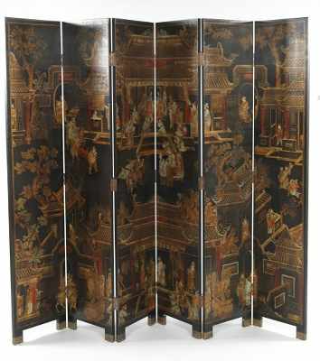 Appraisal: A Coromandel Style Six-Panel Folding Screen Decorated with traditional Oriental