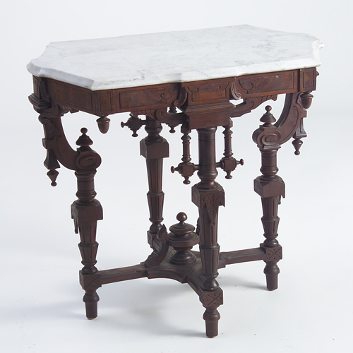 Appraisal: Ornate Victorian marble top table with burl accents and carved