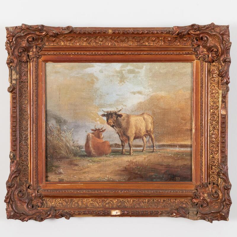 Appraisal: English School Cow and Bull in Pasture Oil on canvas