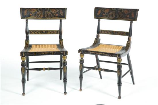 Appraisal: PAIR OF DECORATED SIDE CHAIRS American th century Old black