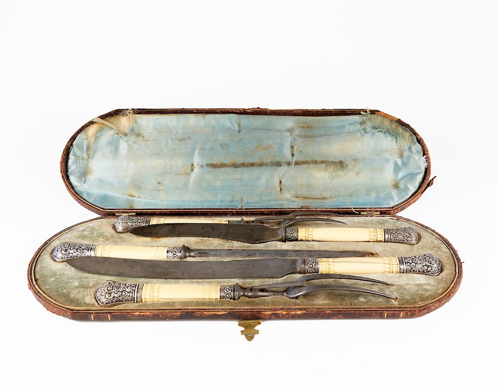 Appraisal: Late th Century Silver and Bone Carving Set Late th