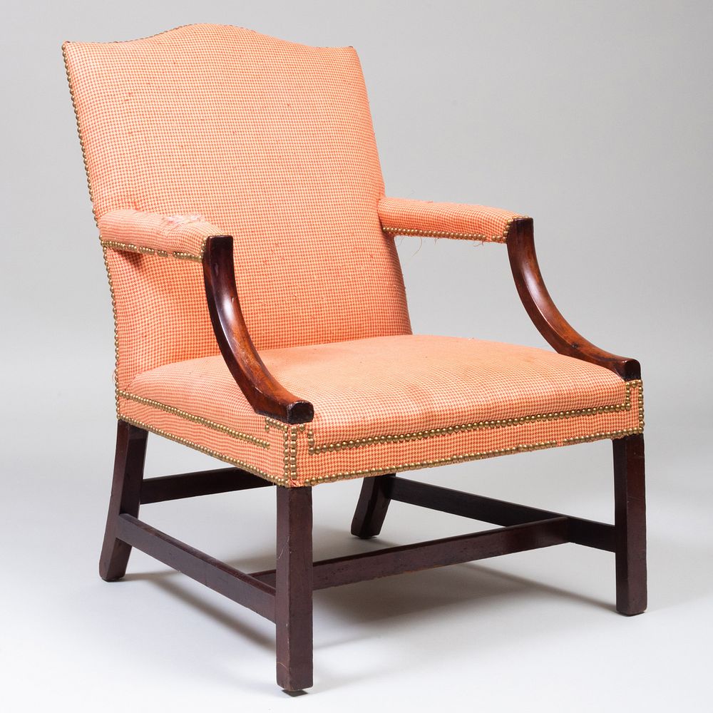 Appraisal: George III Mahogany Armchair Upholstered in brass-studded linen gingham fabric