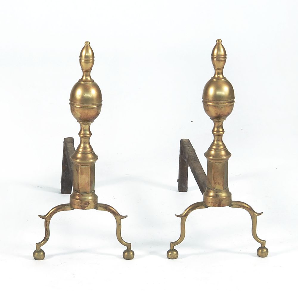 Appraisal: PAIR OF FEDERAL BRASS DOUBLE LEMON-TOP ANDIRONS Circa With beaded