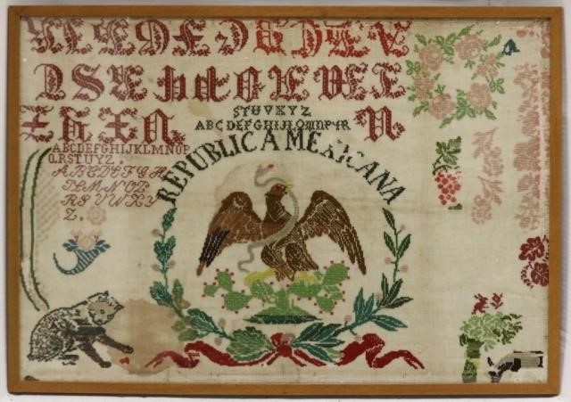 Appraisal: LATE TH C NEEDLEWORK SAMPLER TITLED REPUBLICAMEXICANA DEPICTING MEXICAN EAGLE