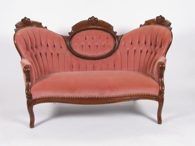 Appraisal: Victorian Medallion Back Settee with carved walnut frame and burled