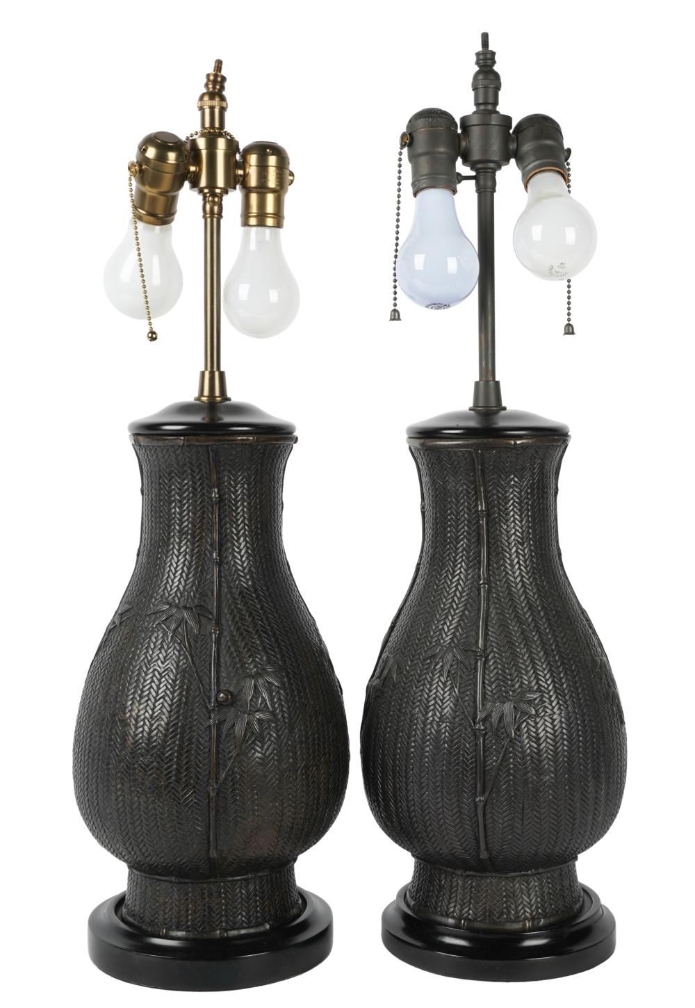 Appraisal: PAIR OF JAPANESE BRONZE URNSmounted as lamps Provenance The Jim