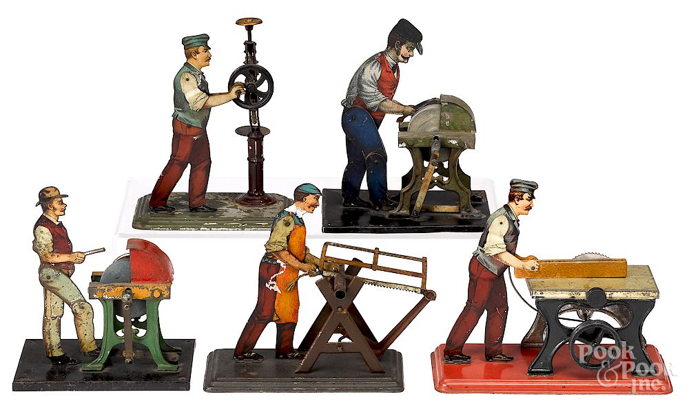 Appraisal: Five tin lithograph workmen steam toy accessories Five tin lithograph