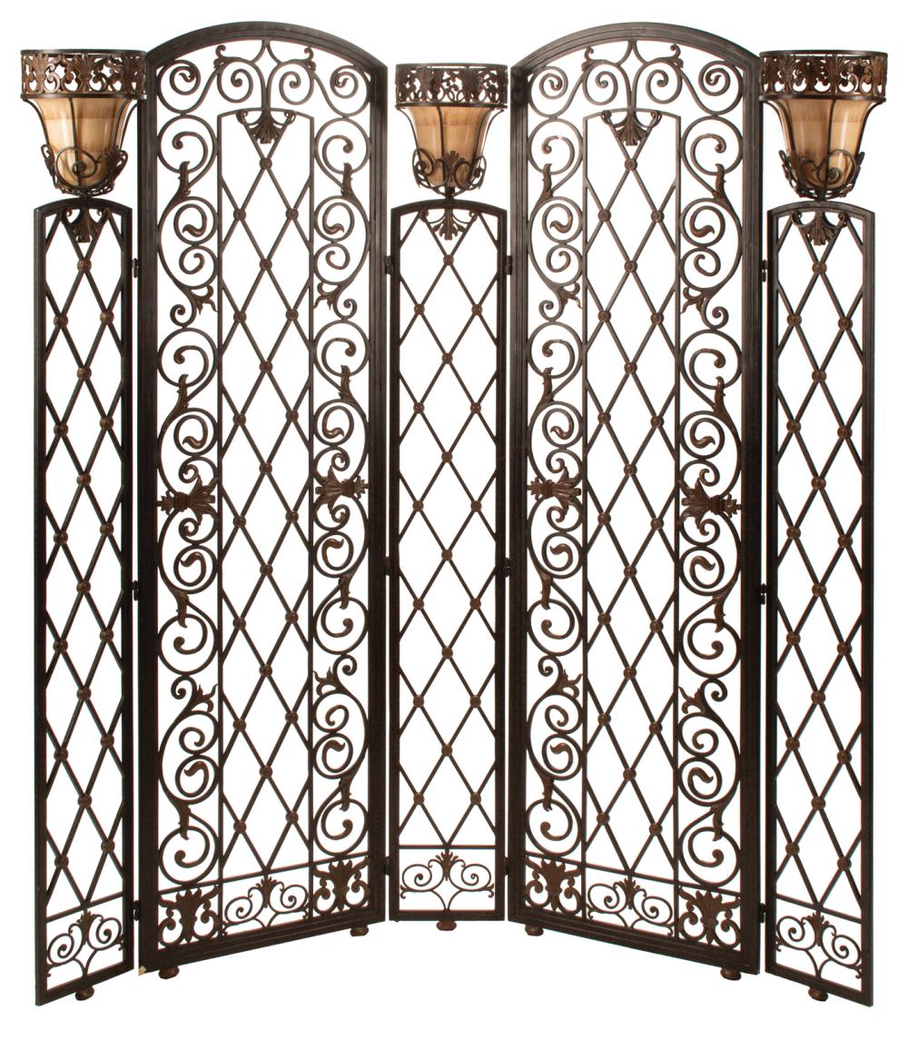 Appraisal: Renaissance-Style Five-Panel Metal Screen with Lanterns arched scroll lattice panels