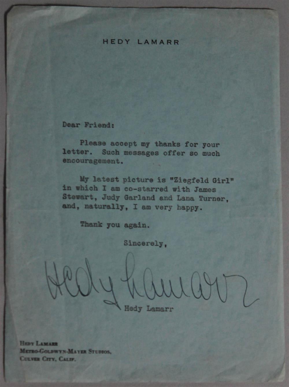 Appraisal: HEDY LAMARR CA SIGNED LETTER the ca Hedy Lamarr letter