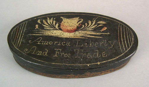 Appraisal: Patriotic tole snuff box th c inscribed America Liberty And