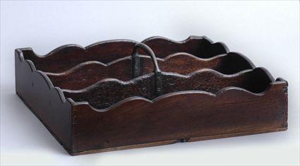 Appraisal: ENGLISH MAHOGANY THREE-DIVISION CUTLERY TRAY WITH BRASS HANDLE With scalloped