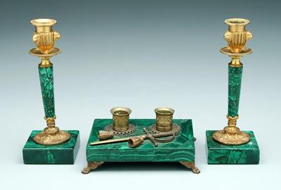 Appraisal: Malachite desk accessories ormolu mounts pair candlesticks in platform base