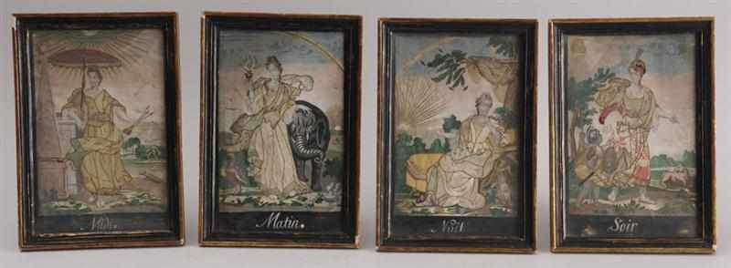 Appraisal: SET OF FOUR FRAMED FRENCH DECOUPAGE PICTURES ''Matin '' ''Midi