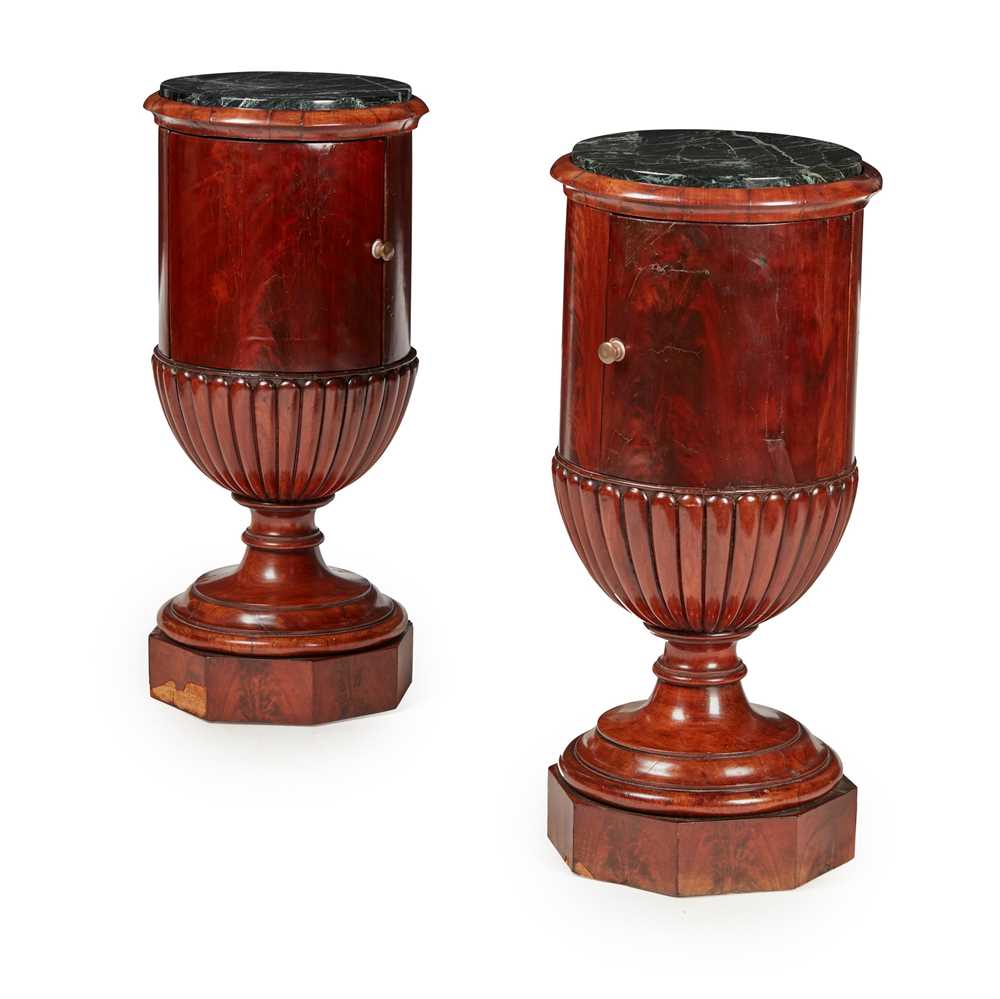 Appraisal: PAIR OF REGENCY MAHOGANY URN SHAPED MARBLE TOPPED POT CUPBOARDS