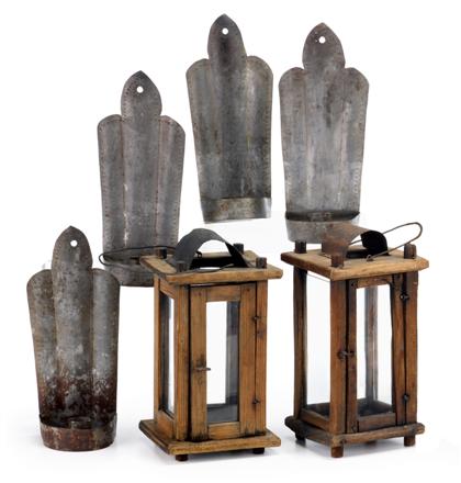 Appraisal: group of tin and wooden lighting devicesIncluding four tin candle