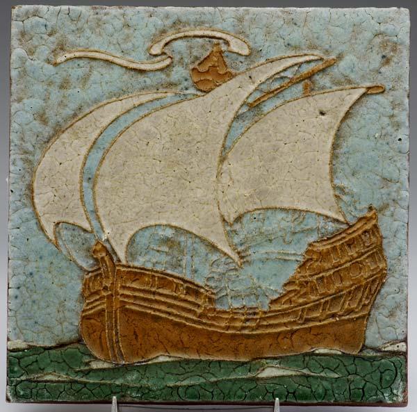 Appraisal: GRUEBY Tile decorated in cuenca with a tall ship in