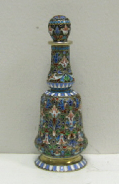 Appraisal: RUSSIAN SILVER AND ENAMEL STOPPERED PERFUME BOTTLE Impressed mark for