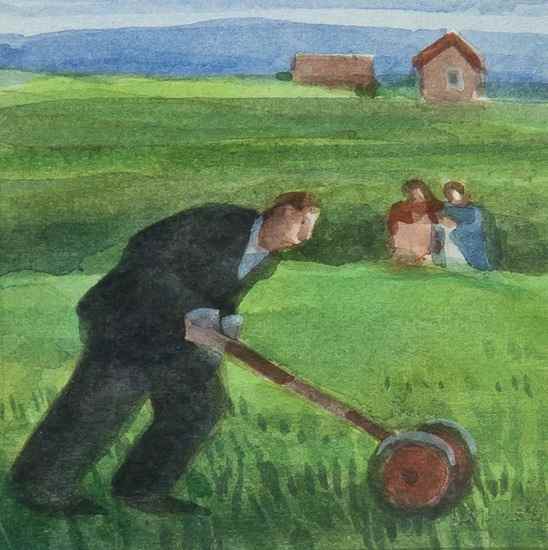 Appraisal: Karolina Larusdottir b Man with lawn mower watercolour x cm