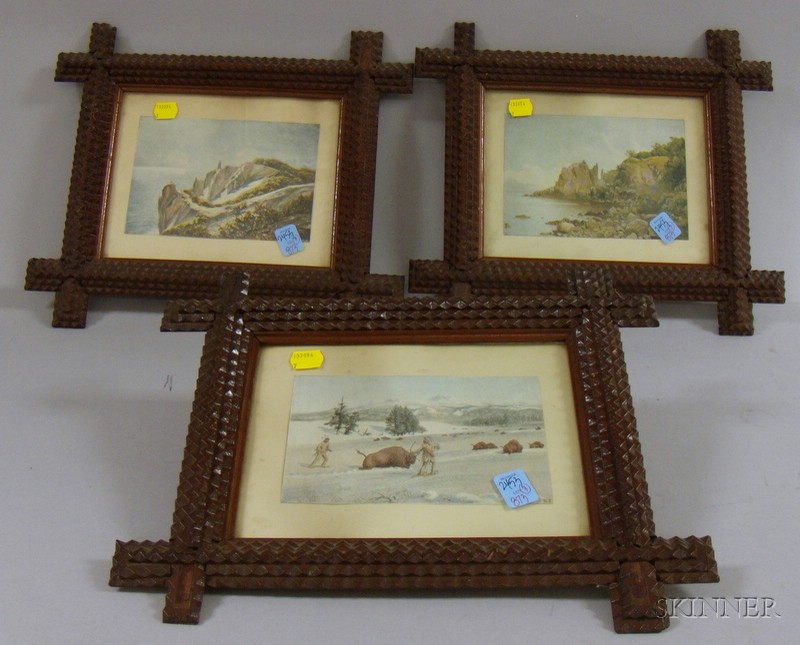 Appraisal: Set of Three Tramp Art Notch-carved Wooden Frames exterior x