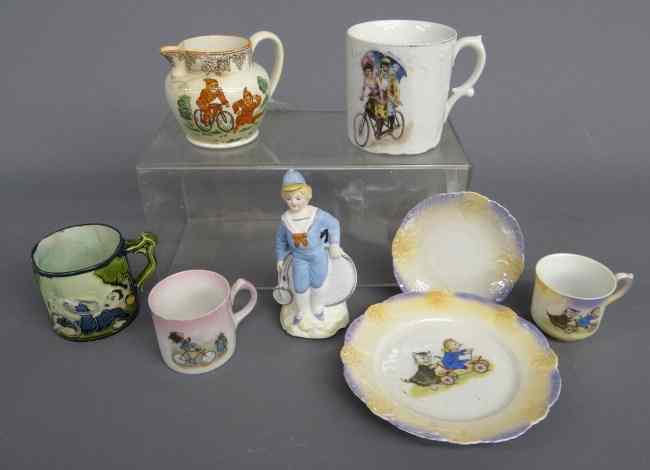 Appraisal: Misc bicycle decorated china including Majolica cup Brownies pitcher etc