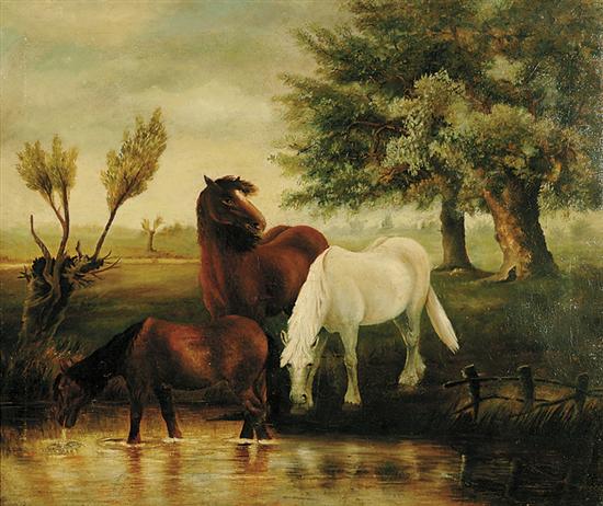 Appraisal: George Stubbs follower of British - HORSES DRINKINGoil on canvas