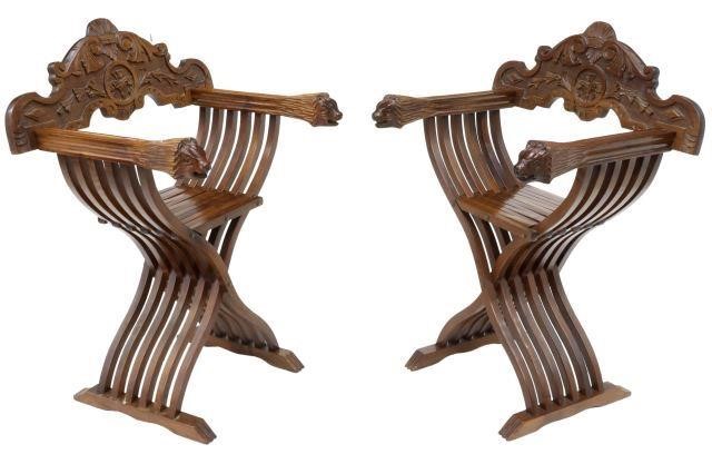 Appraisal: pair Italian walnut Savonarola chairs th c carved back with