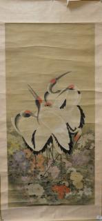 Appraisal: Oriental scroll watercolor on silk of six cranes among blossoming