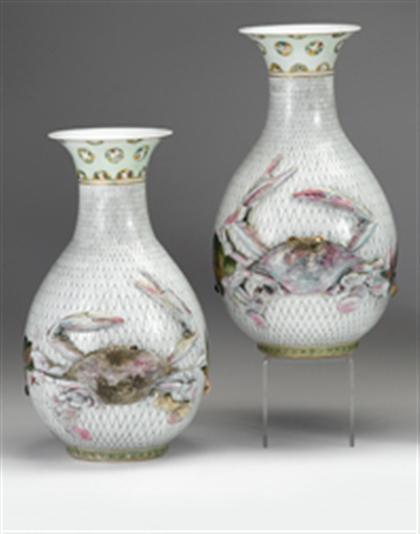 Appraisal: Large pair of Japanese applied porcelain vases attributed to miyagawa