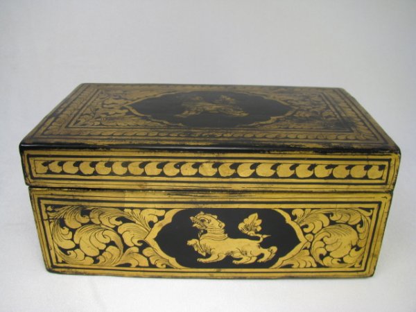 Appraisal: Square flip top black lacquered box with hand painted gold