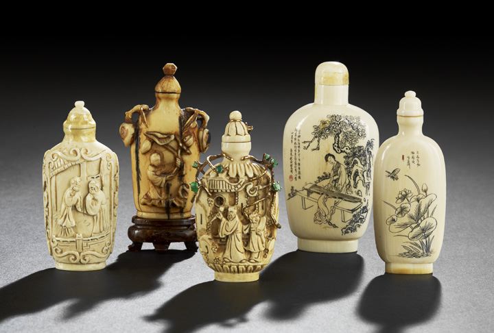 Appraisal: Group of Five Chinese Carved Ivory Snuff Bottles comprised of