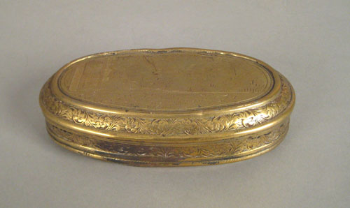 Appraisal: Dutch brass snuff box th c with engraved coach scene