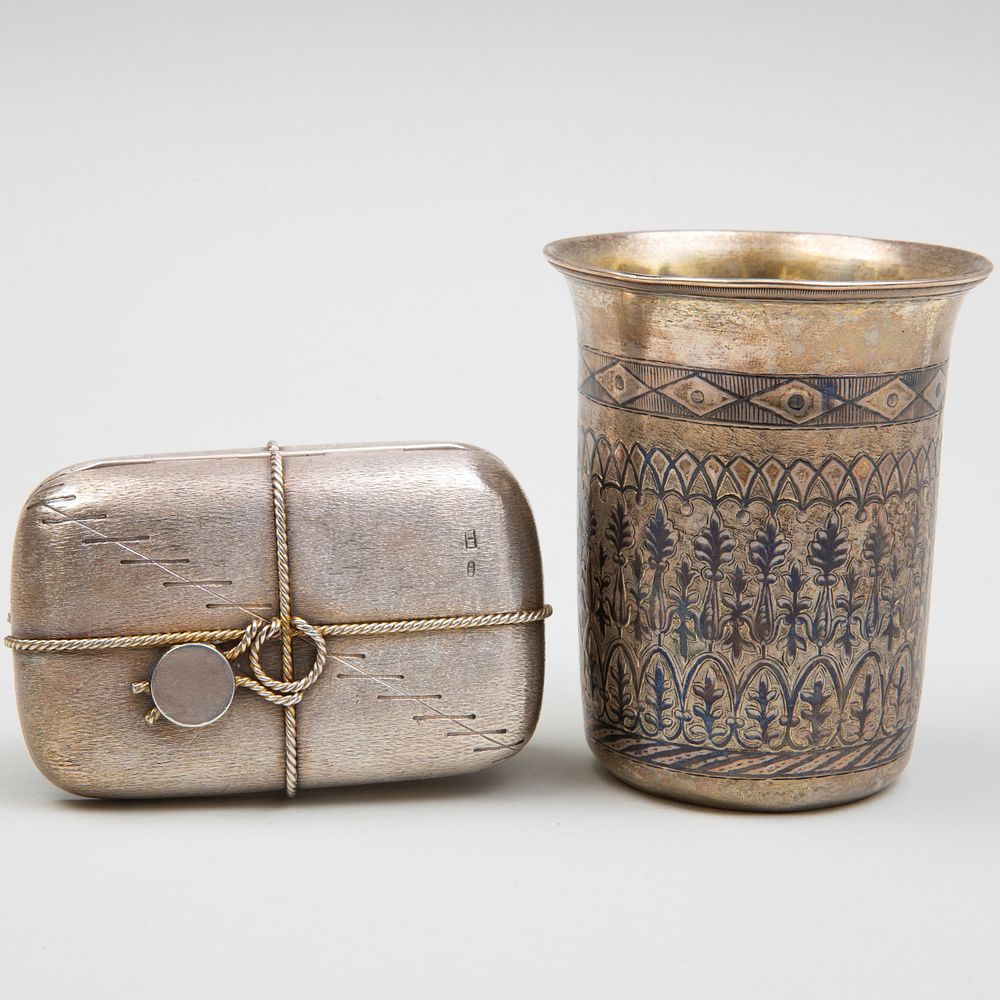 Appraisal: Russian Silver Niello Beaker and a Silver Tromp L'oeil Cigarette