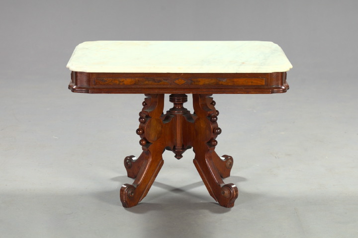 Appraisal: American Renaissance Revival Burl Walnut and Marble-Top Parlor Table third