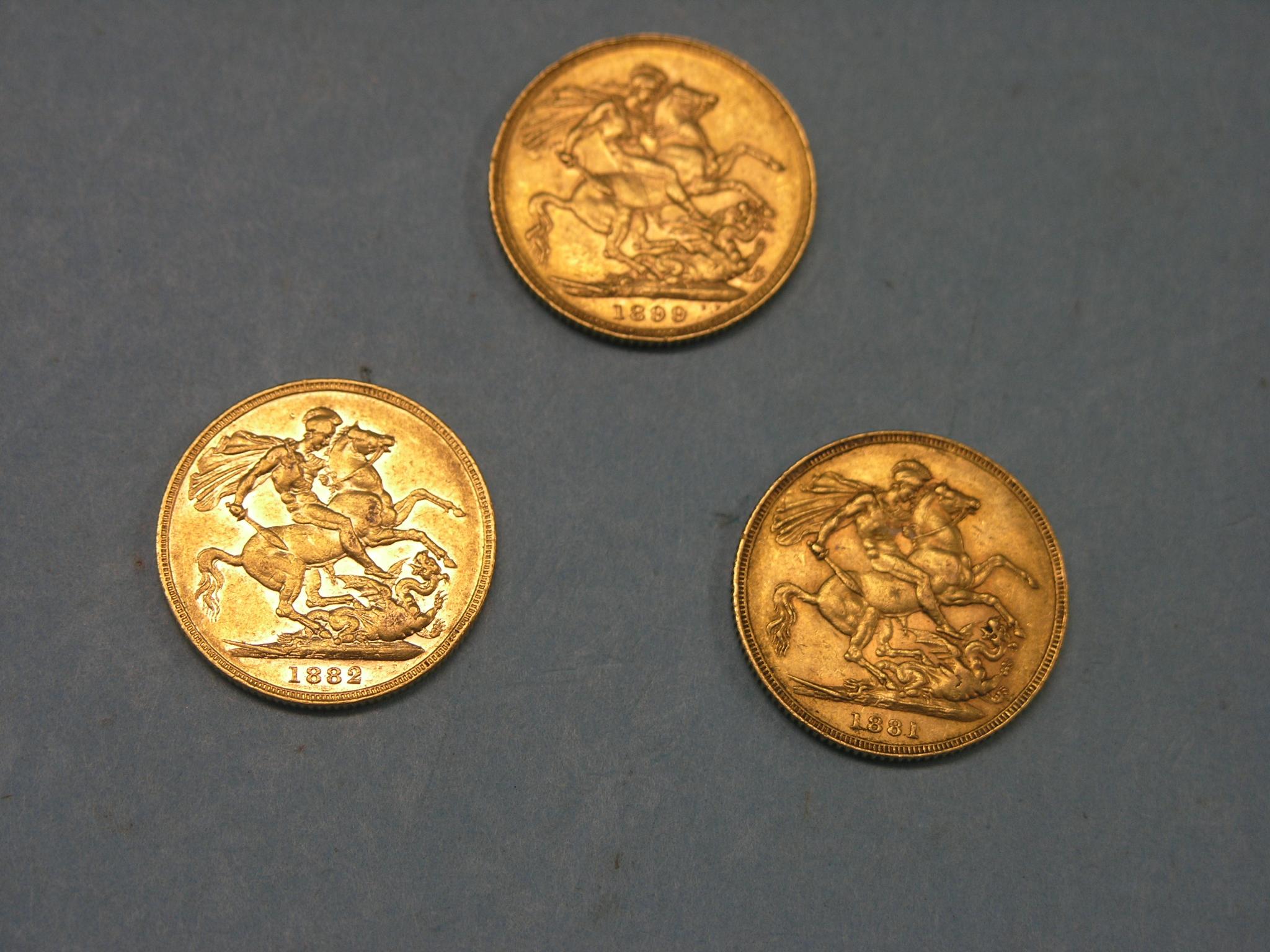 Appraisal: Three Victorian gold sovereigns includes Melbourne and Sydney mints