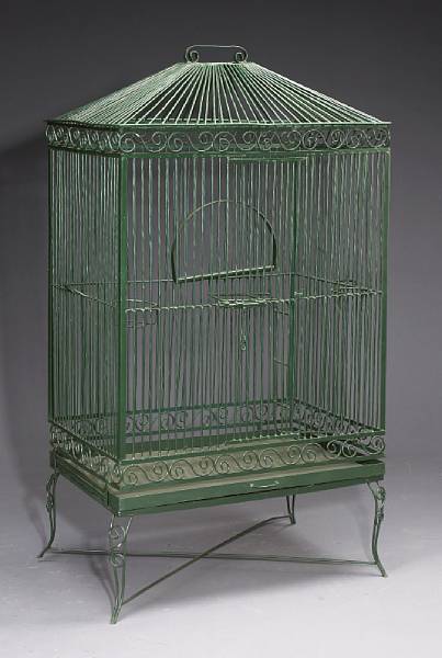 Appraisal: A Neoclassical style painted wirework birdcage on stand Of typical