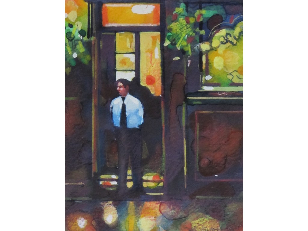 Appraisal: BRYAN EVANS b DOORMAN AT THE CASK END STILL Watercolour