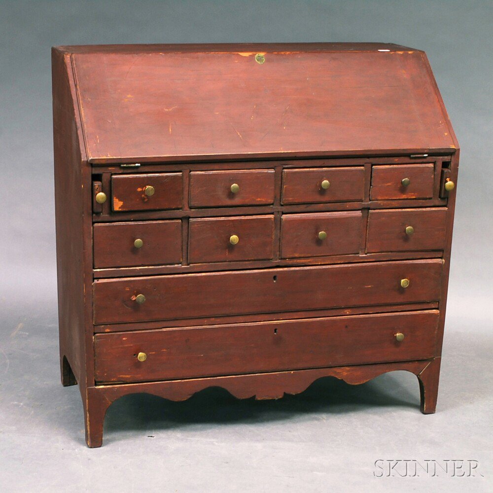 Appraisal: Country Red-painted Pine Slant-lid Desk the lid opening to a