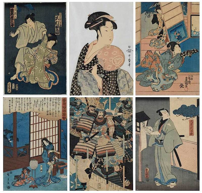 Appraisal: Group of Six Framed Woodblock Prints Japanese th th century