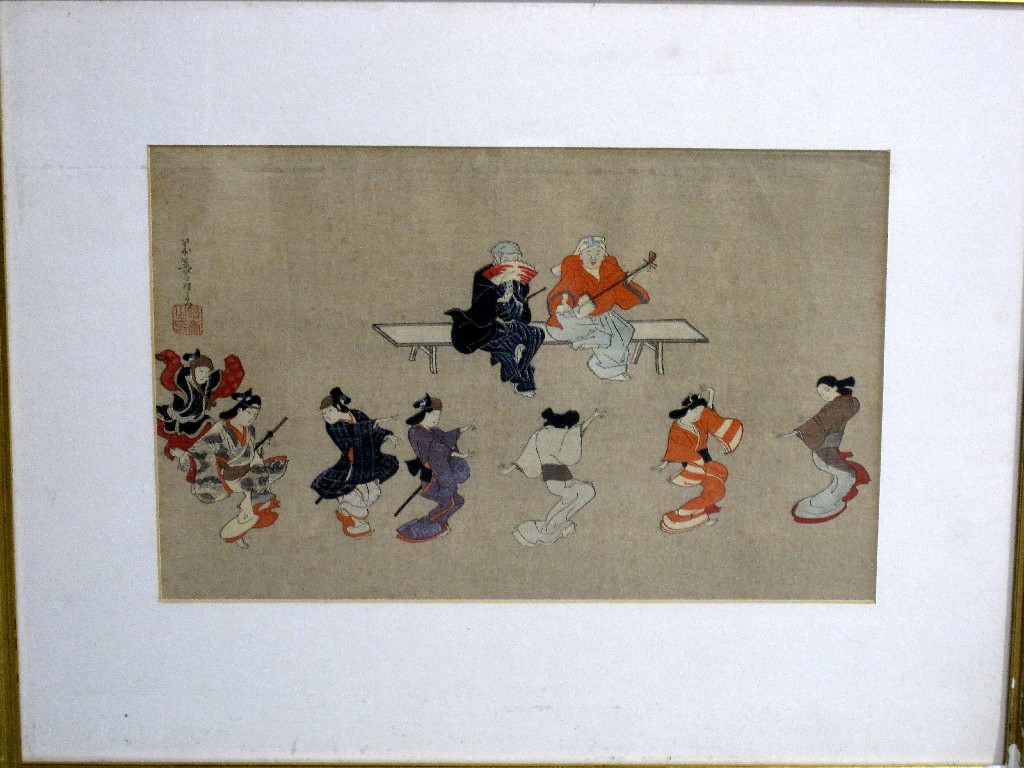 Appraisal: AFTER HANABUSA IIEHO Facsimile woodblock print 'Fete Day Dance' labelled