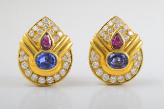 Appraisal: Ruby Sapphire Diamond Earrings Ruby sapphire and diamond earrings Stamped