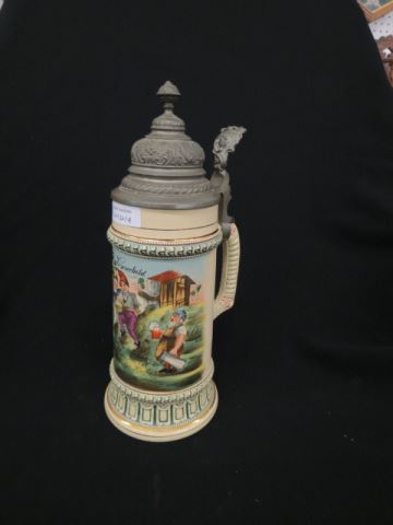 Appraisal: German Pottery Stein handpainted whimsical scene of dancing gnomes liter